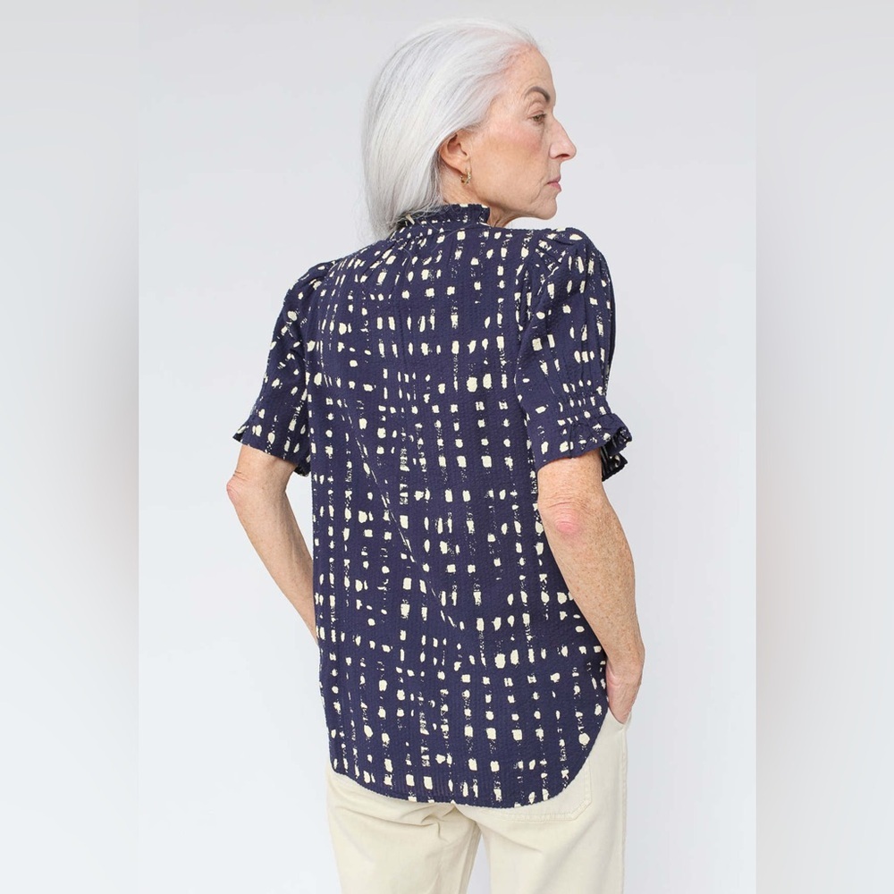 Apiece Apart Dark Blue and Cream Patterned Blouse - Picture 2 of 10